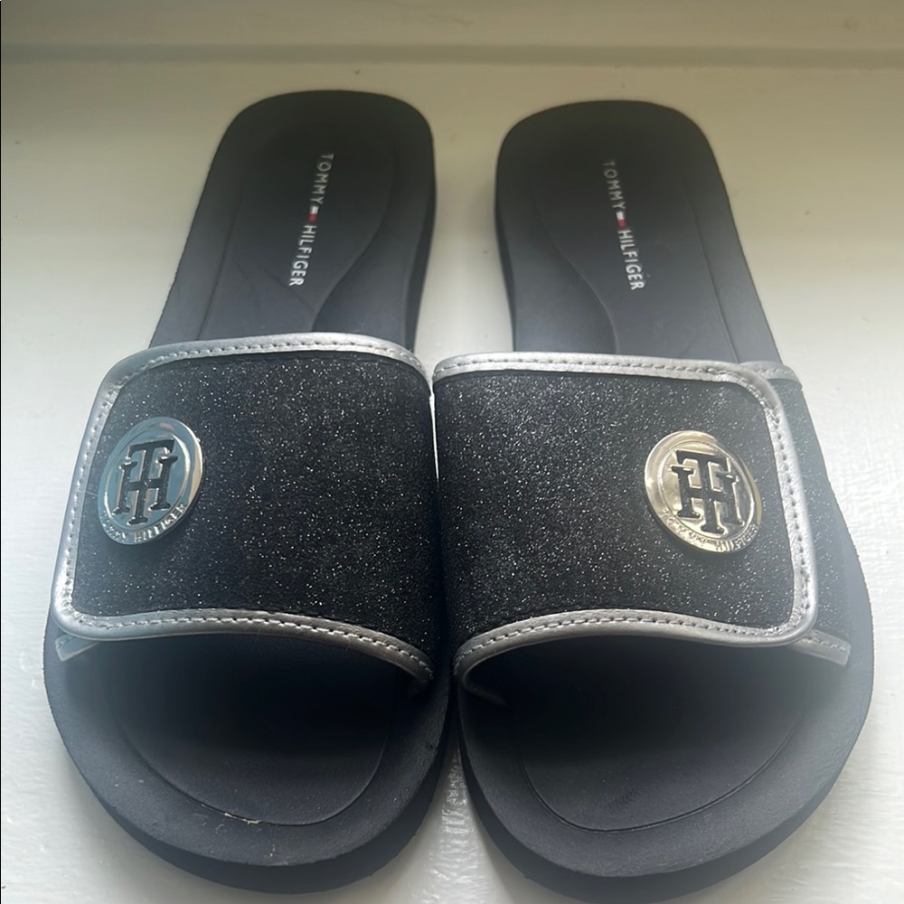Tommy Hilfiger Black Foam Slides with Silver Trim